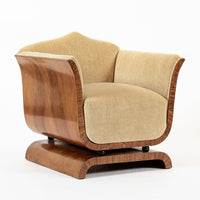 1930s Antique French Art Deco Mohair & Burl Wood Lounge Chairs