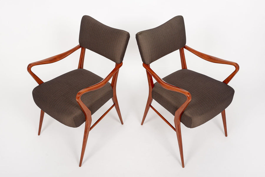 Pair of Mid Century Wood & Brown Upholstered Arm Chairs 1950s