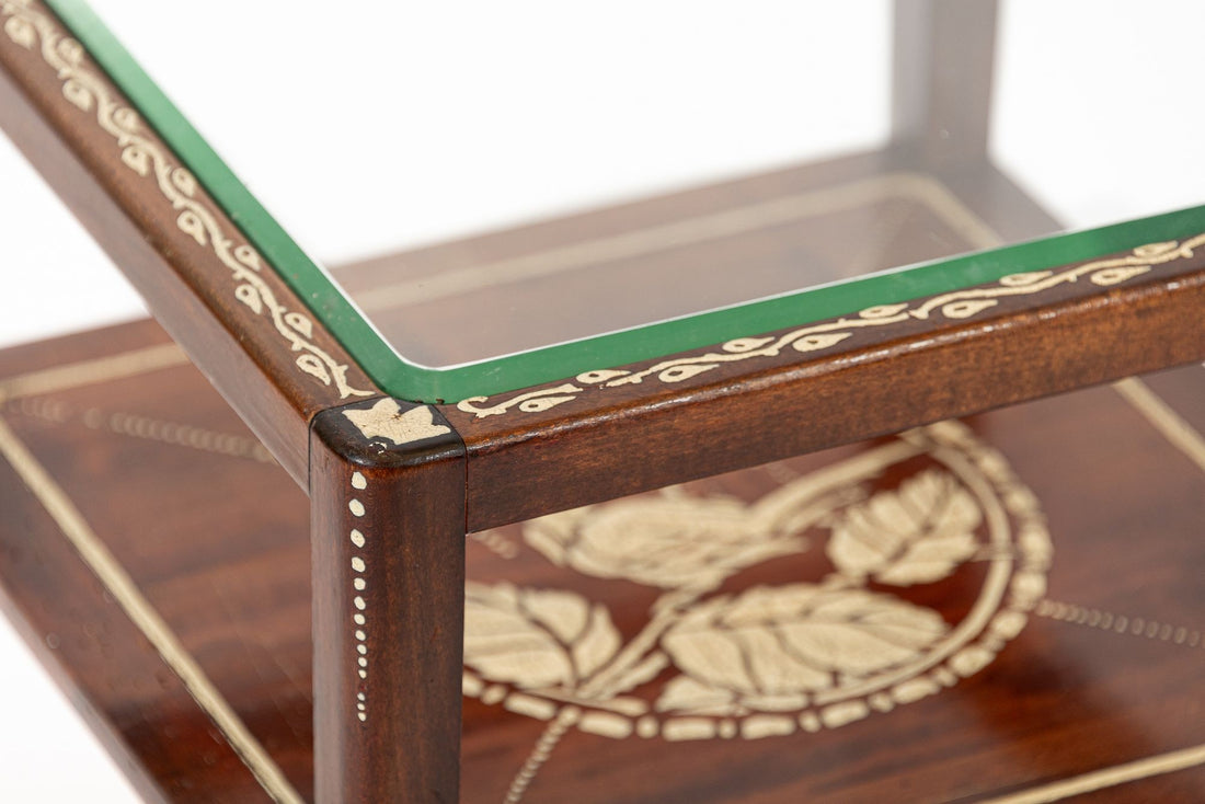 Antique French Art Nouveau Small Handpainted Mahogany Wood & Glass Side Table