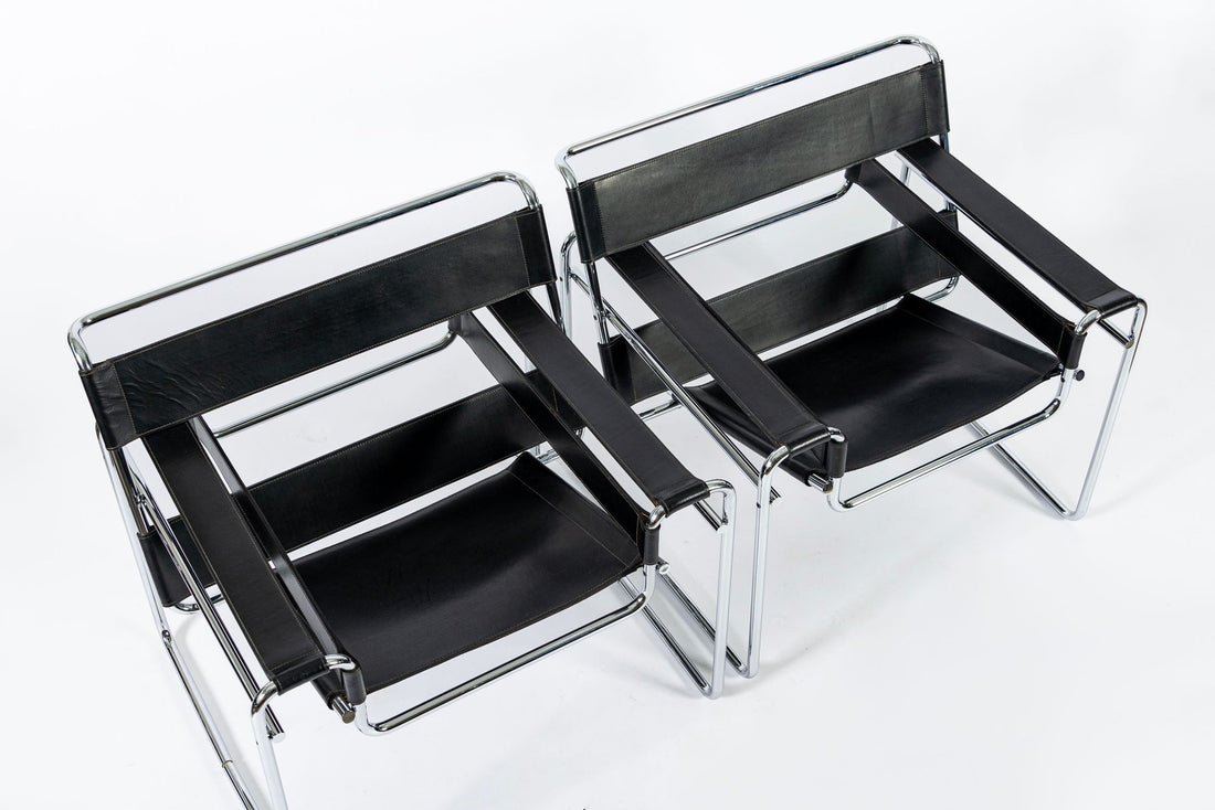 Mid Century Black Leather Wassily Arm Chairs by Marcel Breuer for Knoll, 1960s