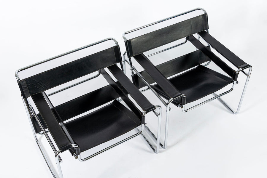 Mid Century Black Leather Wassily Arm Chairs by Marcel Breuer for Knoll, 1960s