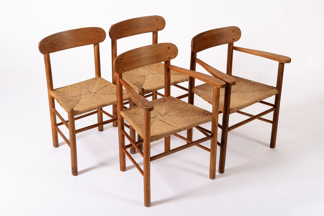 Mid Century Danish Wood & Rush Wicker Dining Chairs