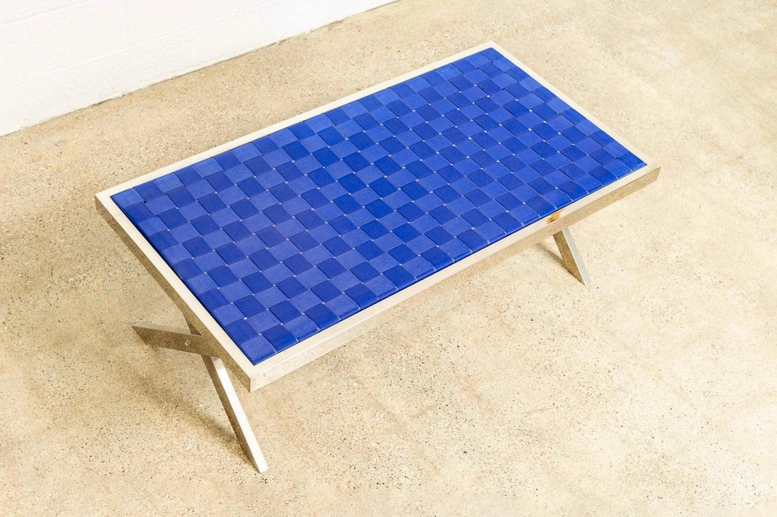 Mid Century Modern Chrome and Blue Strap Bench Milo Baughman Style