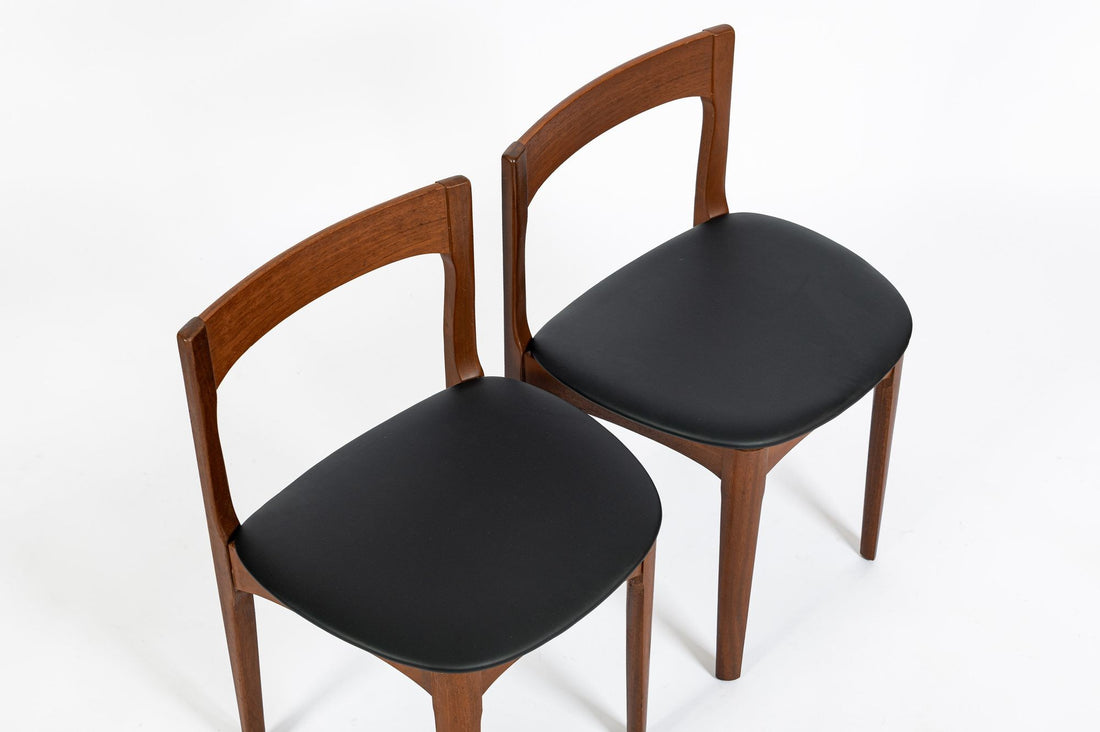 Mid Century Danish Teak Wood & Black Vinyl Dining Chairs, Set of 4