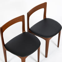 Mid Century Danish Teak Wood & Black Vinyl Dining Chairs, Set of 4