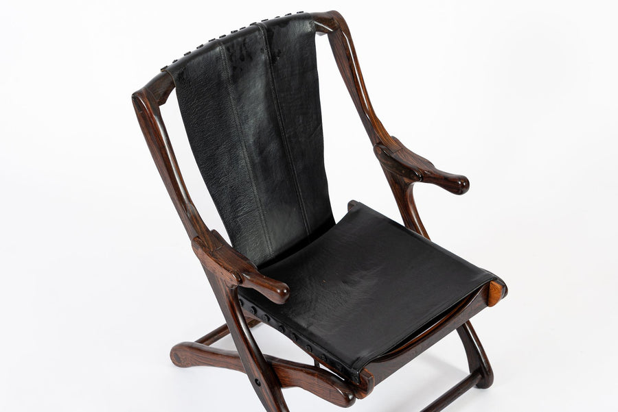Mid Century Rosewood & Black Leather Folding Lounge Chair by Don Shoemaker