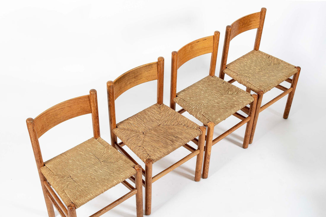 Mid Century Dutch Oak Wood and Rush Chairs by Johan van Heuvel