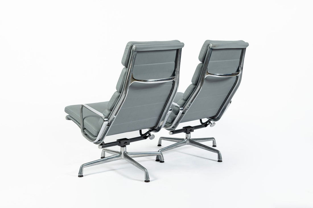 Pair Eames Soft Pad Recliners with Ottoman for Herman Miller, Gray Leather Aluminum Group