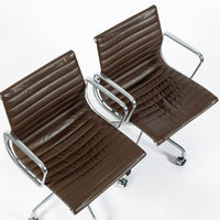 Set of 4 Eames Thin Pad Office Chairs for Herman Miller, Brown Leather Aluminum Group