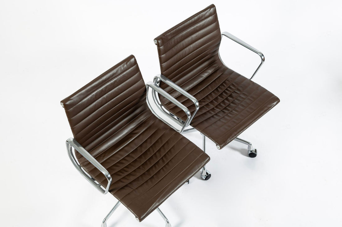 Set of 4 Eames Herman Miller Office Chairs, Brown Leather Thin Pad Aluminum Group