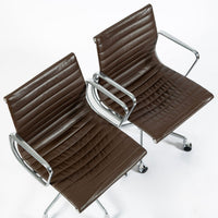 Set of 4 Eames Herman Miller Office Chairs, Brown Leather Thin Pad Aluminum Group