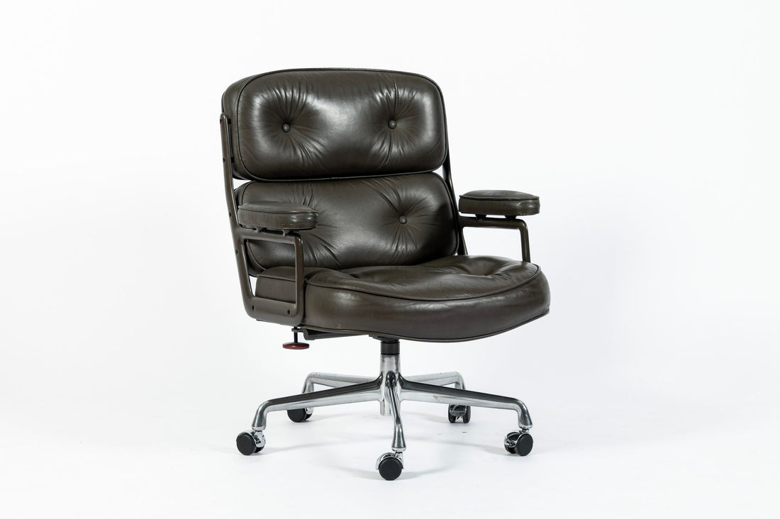 Eames Time Life Executive Lobby Chair for Herman Miller, Dark Gray Leather Office Desk Chair, 1988