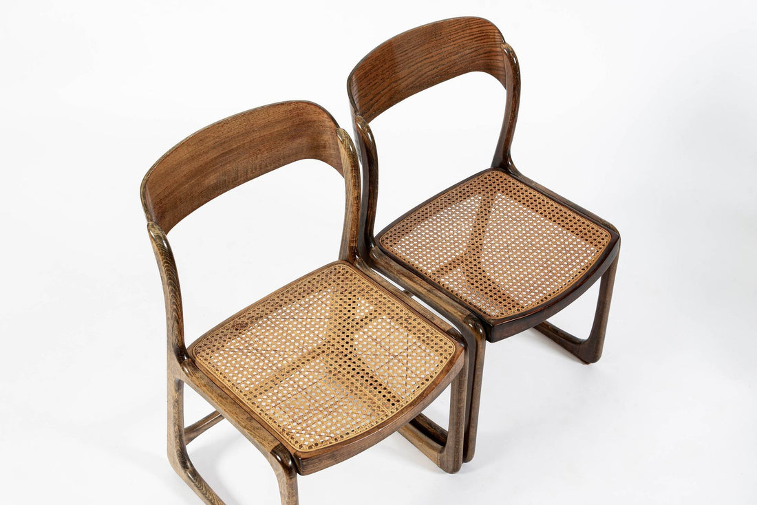 Mid Century Modern French Wood & Cane Wicker Chairs by Baumann
