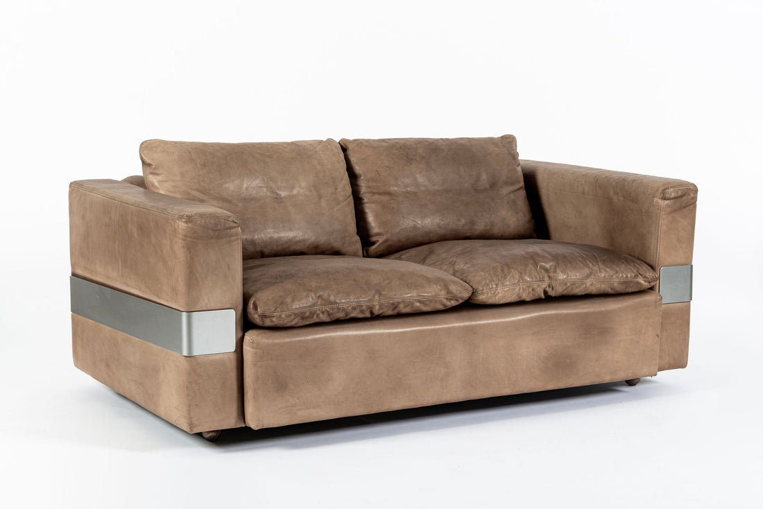 Mid Century German Distressed Brown Leather Sofa in the Style of Robert Haussmann