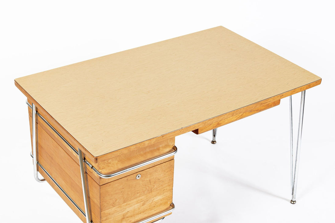 Kem Weber Trimline Desk for Heywood Wakefield, Mid Century Modern Birch and Chrome Office Desk, 1950s