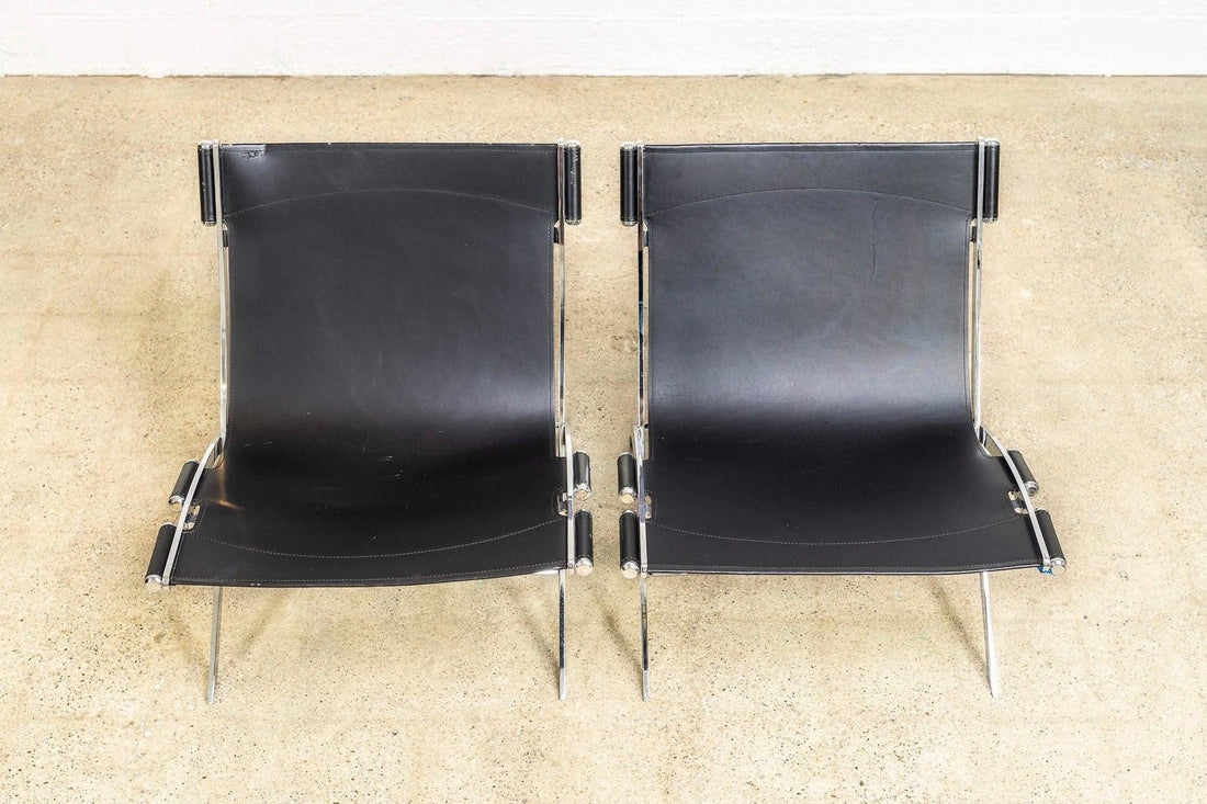Vintage Postmodern Black Leather and Chrome Lounge Chairs by Antonio Citterio