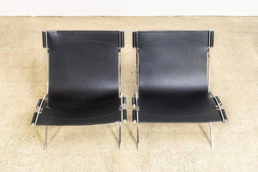 Vintage Postmodern Black Leather and Chrome Lounge Chairs by Antonio Citterio