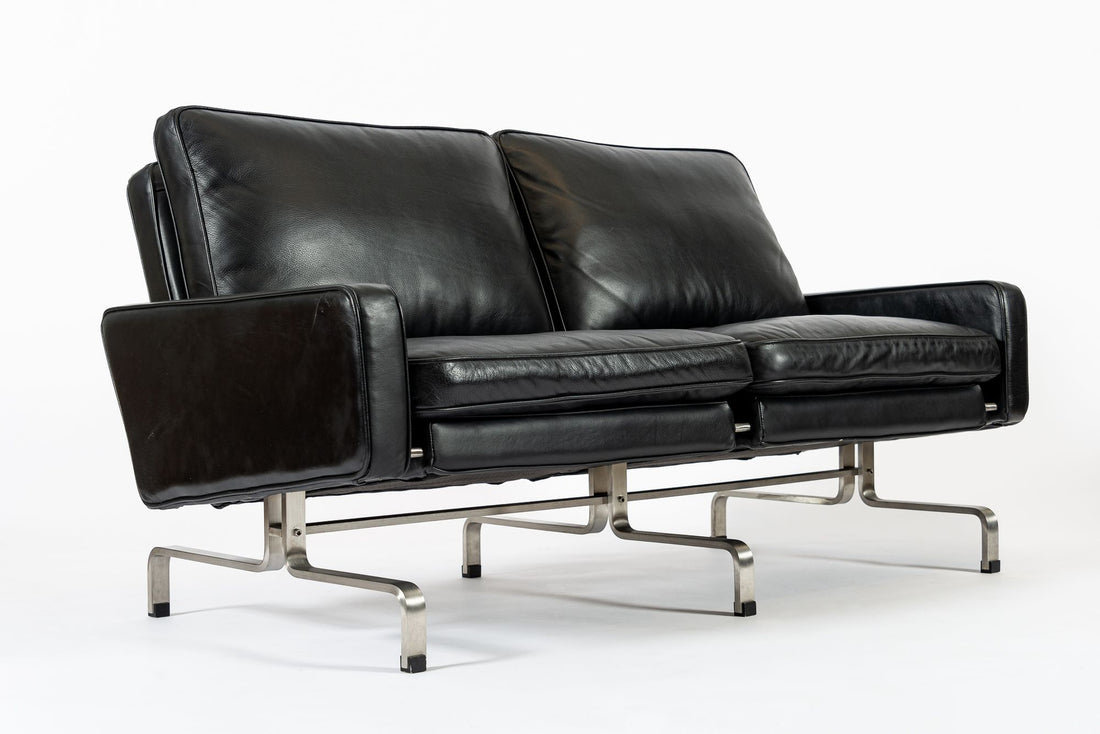 Vintage Postmodern Black Leather & Brushed Steel Loveseat Sofa, 1980s