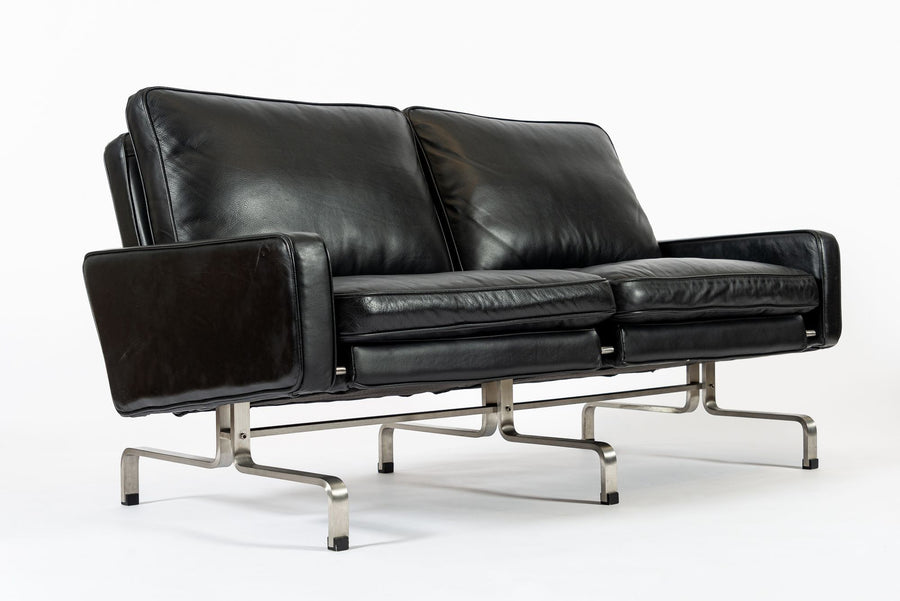 Vintage Postmodern Black Leather & Brushed Steel Loveseat Sofa, 1980s
