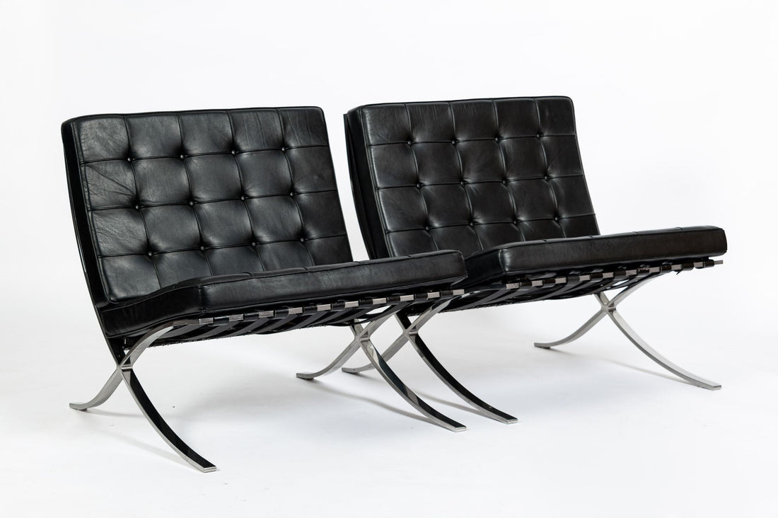 Pair Mid Century Black Leather Barcelona Chairs by Mies van der Rohe for Knoll, 1977