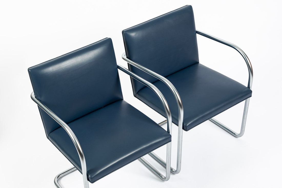 Mid Century Modern Blue Leather Brno Arm Chairs by Mies van der Rohe for Knoll, Set of 4