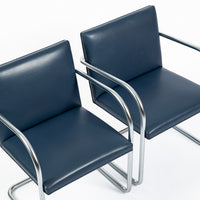 Mid Century Modern Blue Leather Brno Arm Chairs by Mies van der Rohe for Knoll, Set of 4