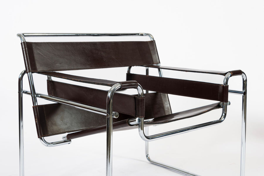 Mid Century Dark Brown Leather Wassily Arm Chairs by Marcel Breuer for Knoll, Signed, 1960s