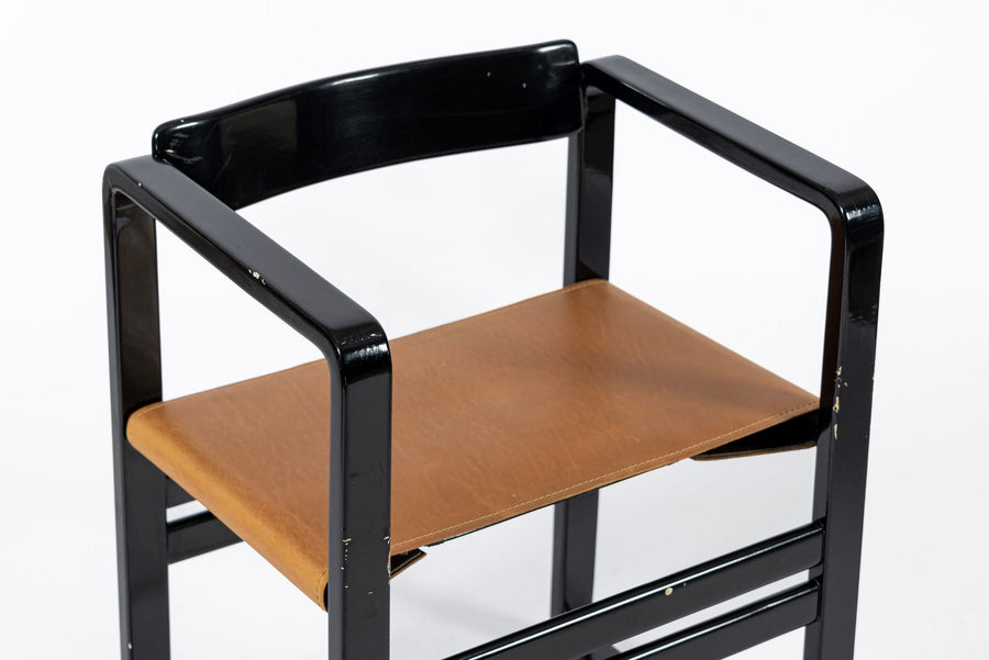 Mid Century Modern Black Lacquer and Brown Leather Arm Chairs 1970s