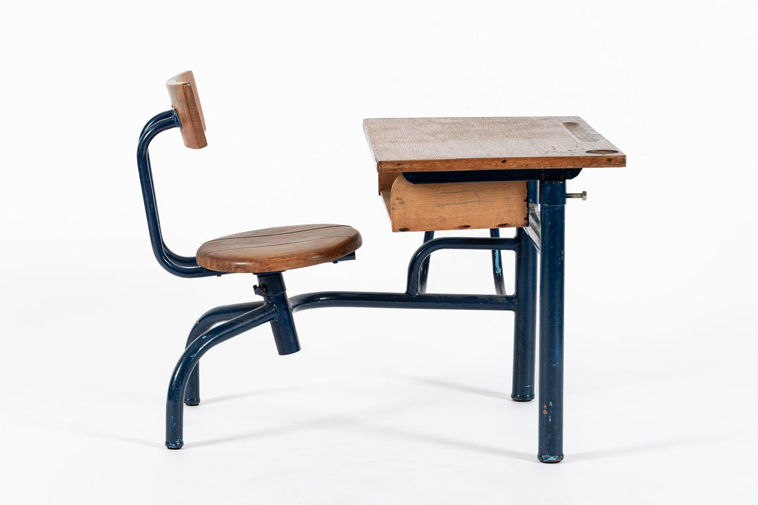 Vintage Antique Wood & Metal Child’s School Desk and Chair in the Style of Jean Prouvé