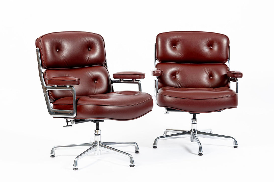 Pair Eames Herman Miller Time Life Lobby Red Leather Office Chairs