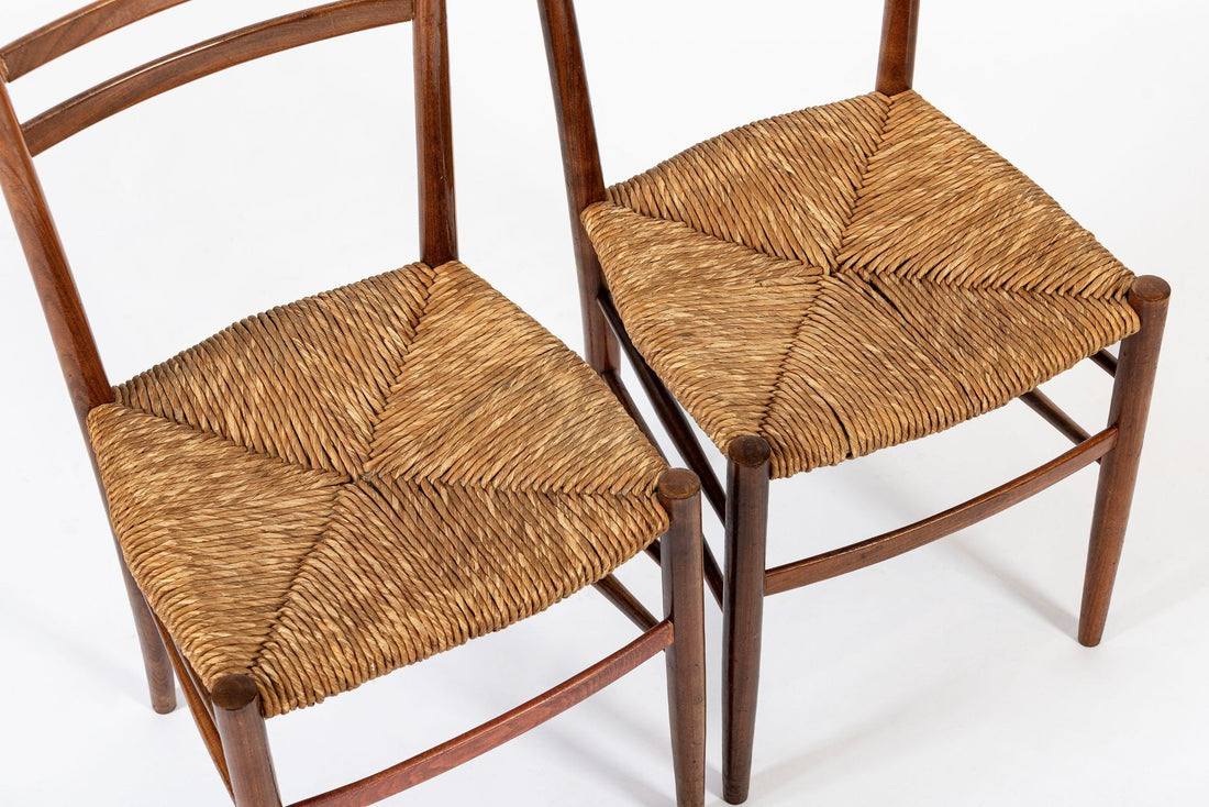 Vintage Rustic Modern Wood and Rush Wicker Dining Chairs, Set of 4