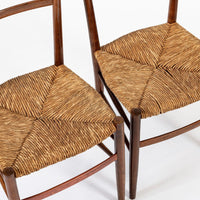 Vintage Rustic Modern Wood and Rush Wicker Dining Chairs, Set of 4