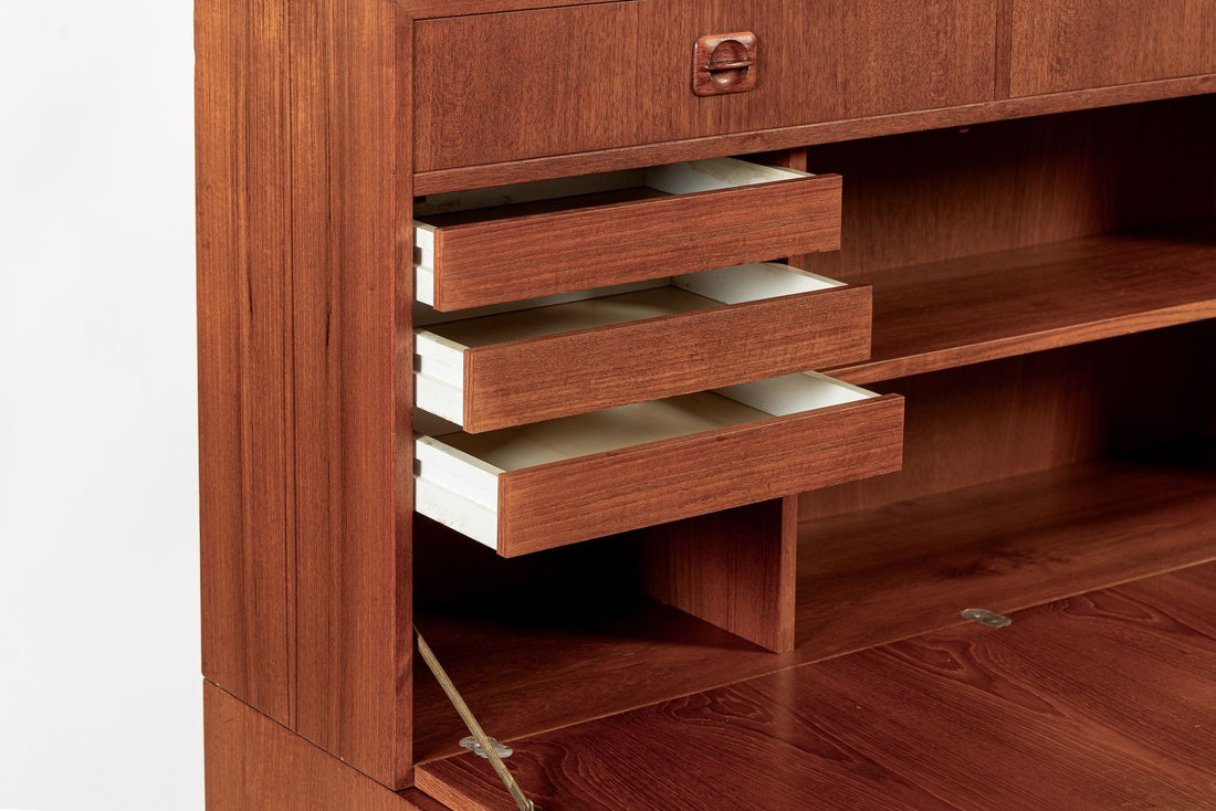 Mid Century Danish Teak Wood Drop-Down Secretary Desk Wall Unit
