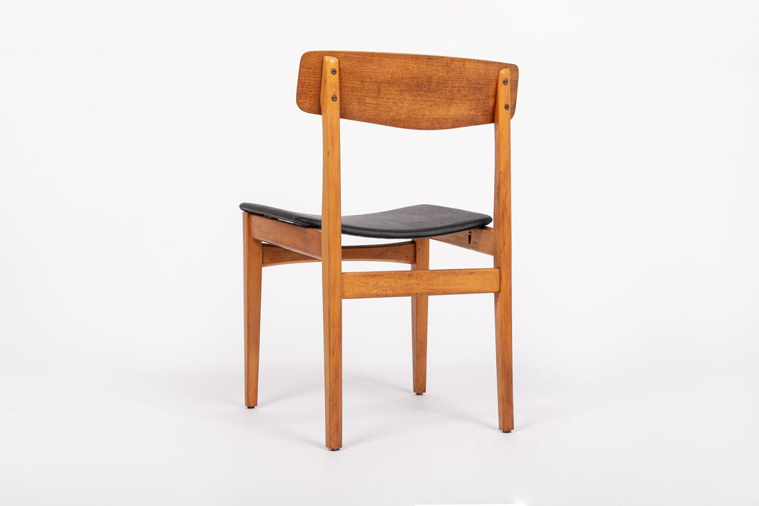 Mid Century Danish Teak Wood & Black Vinyl Dining Chairs