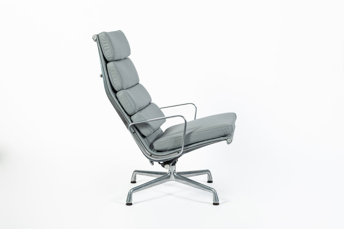 Eames Soft Pad Recliner for Herman Miller, Gray Leather Aluminum Group Lounge Chair