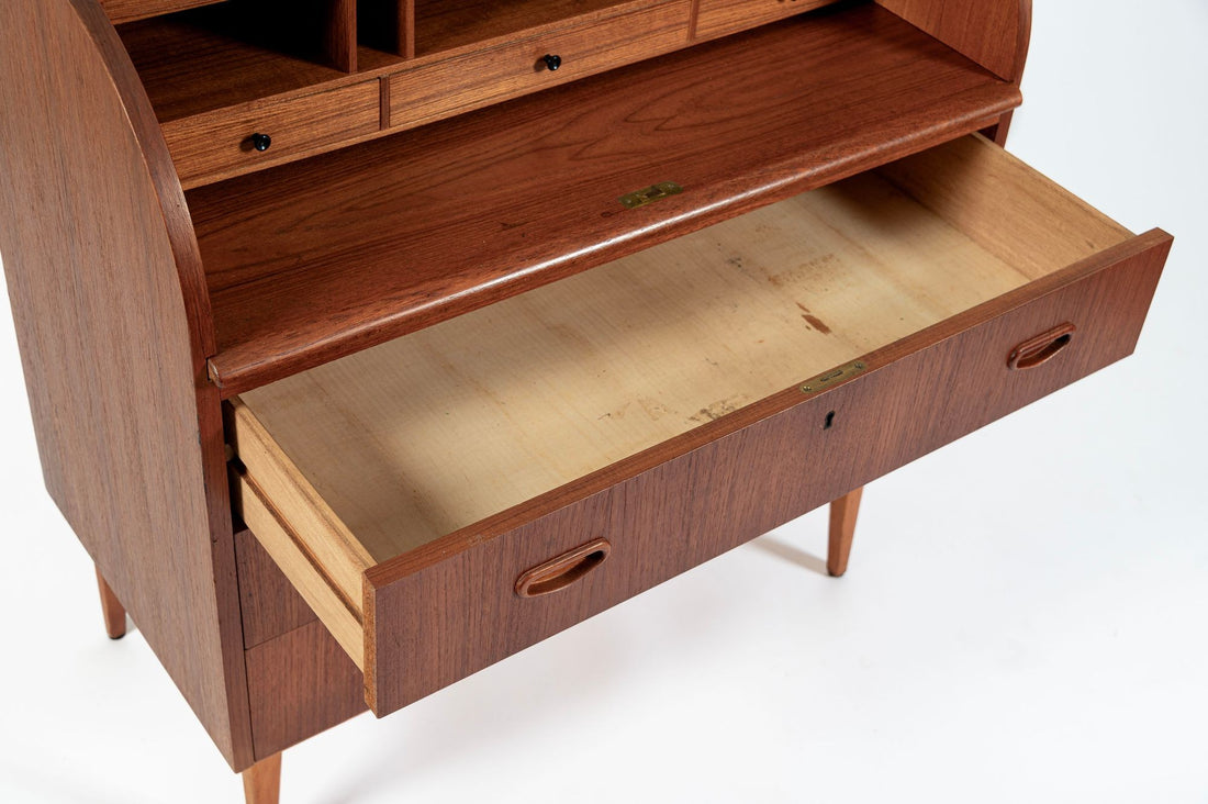 Scandinavian Teak Wood Rolltop Secretary Desk by Egon Ostergaard, Made in Sweden