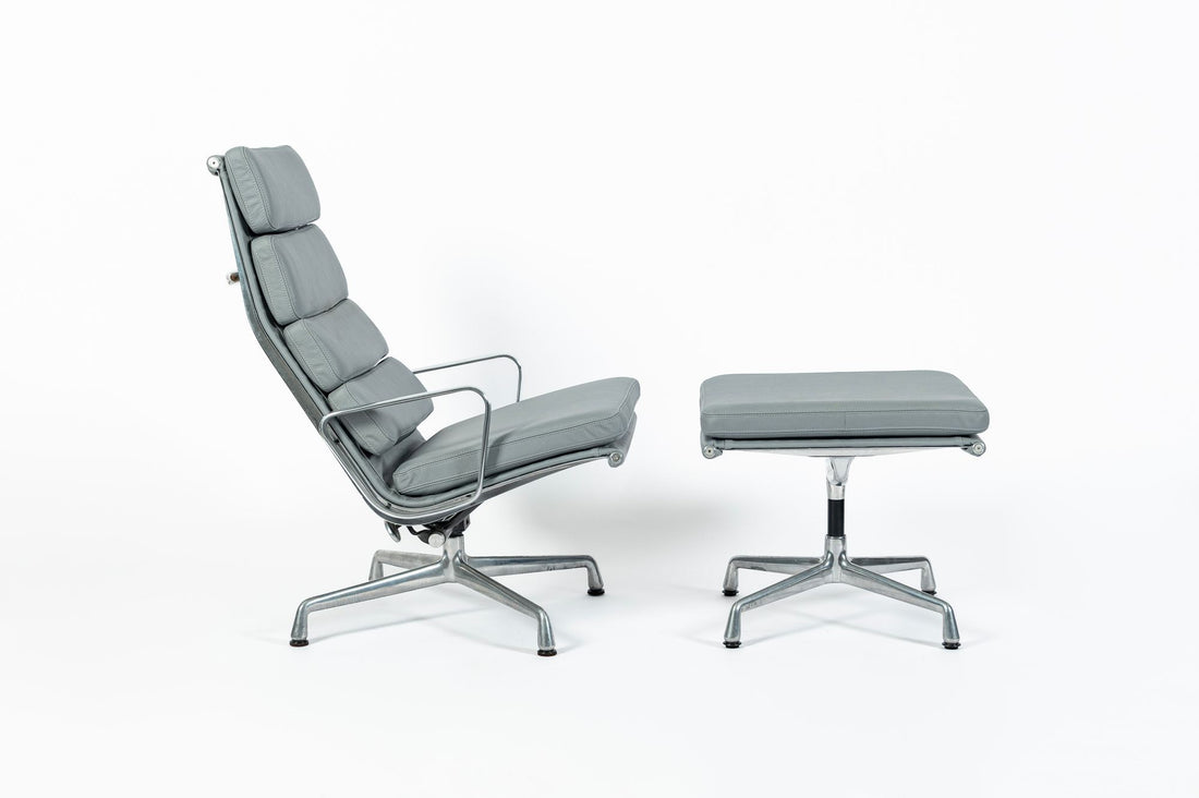 Eames Soft Pad Recliner with Ottoman for Herman Miller, Gray Leather Aluminum Group