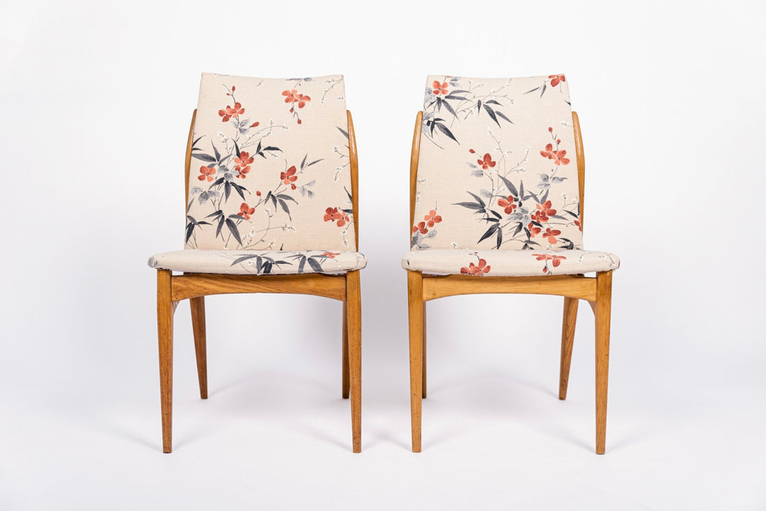 Mid Century Danish Wood Side Chairs with Floral Fabric, 1950s