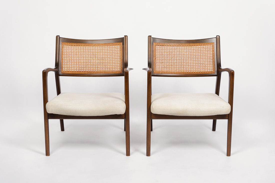 Mid Century White Lounge Chairs with Walnut and Cane Jens Risom Style