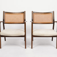 Mid Century White Lounge Chairs with Walnut and Cane Jens Risom Style