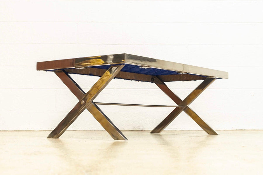 Mid Century Modern Chrome and Blue Strap Bench Milo Baughman Style
