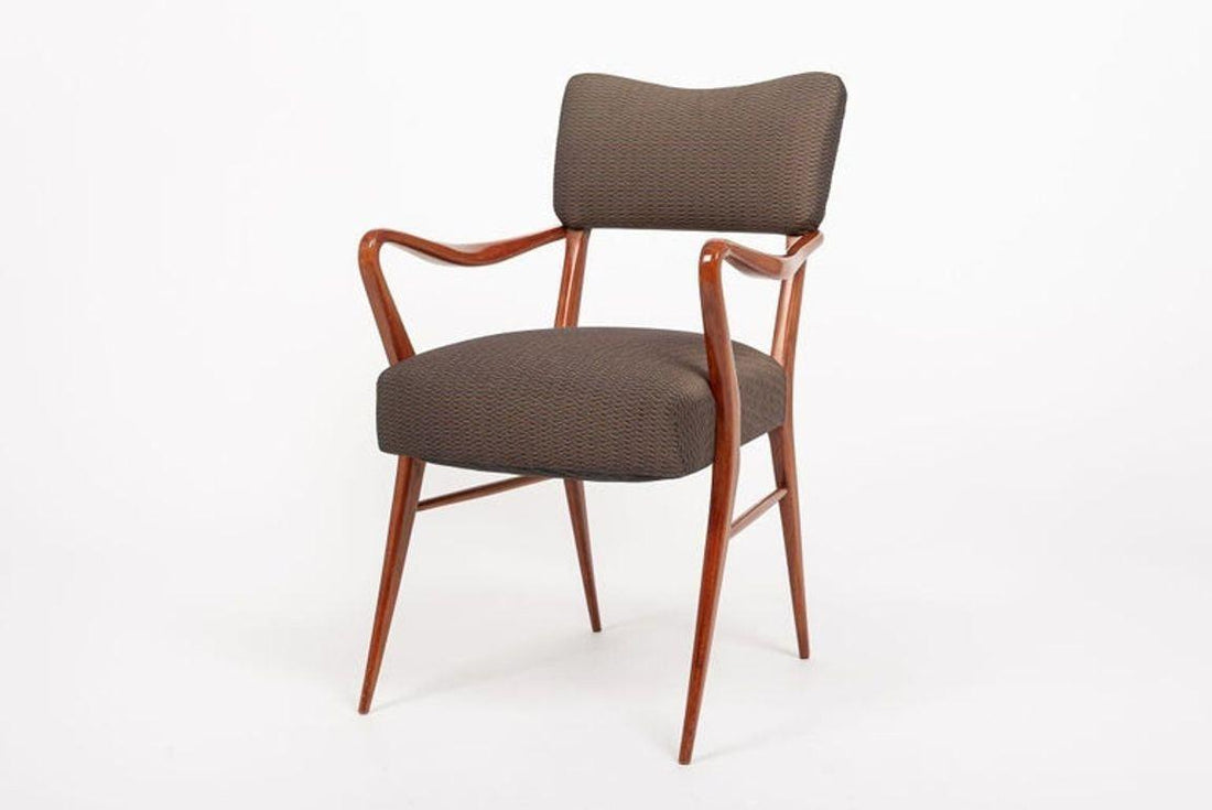 Pair of Mid Century Modern Wood & Brown Upholstered Arm Chairs, 1950s