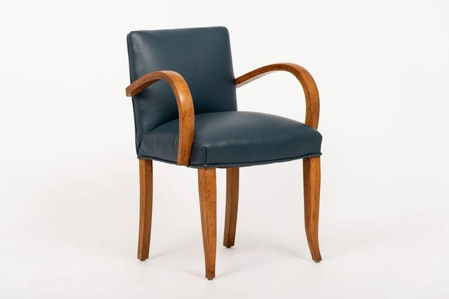 Antique Art Deco Maple Bentwood and Blue Leather Dining Chairs 1930s