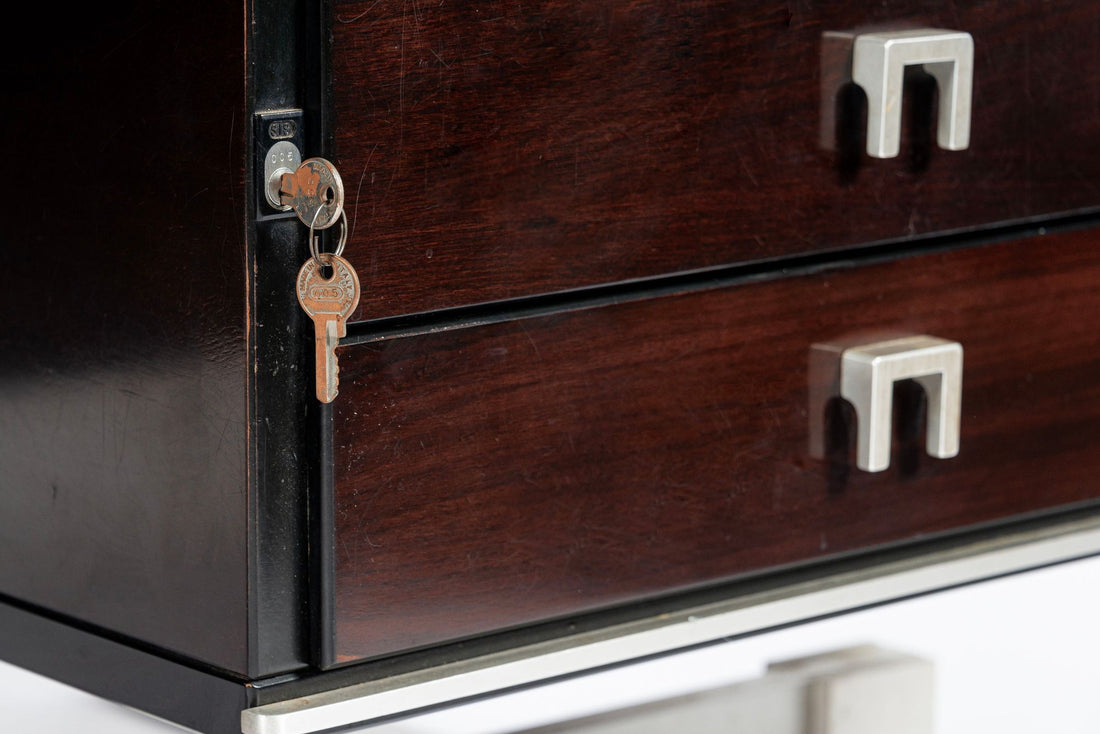 Postmodern Italian Rosewood and Metal Writing Desk by Abbondinterni, 1970s