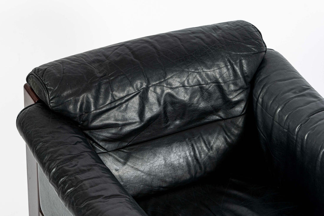 Mid Century Danish Black Leather Lounge Chair in Style of Arne Norell, Matching Sofa