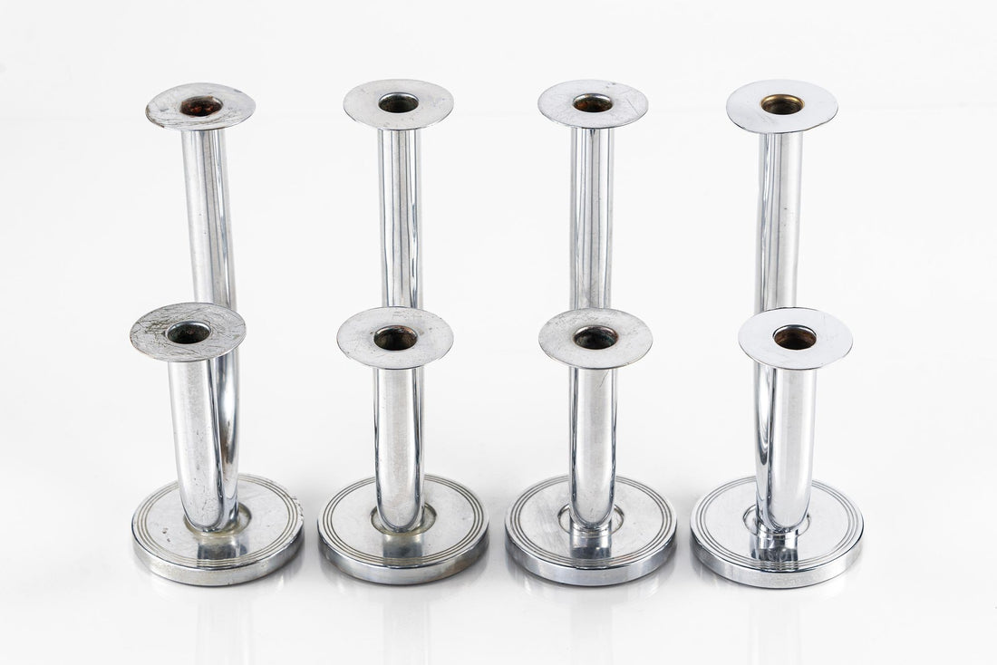 Antique Art Deco Taurex Chrome Candlestick Holders by Walter Von Nessen for Chase
