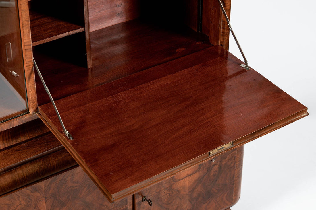 Antique Art Deco Burl Wood China Cabinet or Bar Cabinet with Drop-down Tabletop 1930s