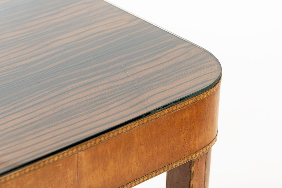 Antique Art Deco Macassar Ebony Wood Dining Table with Glass Top, 1940s