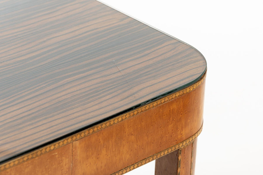 Antique Art Deco Macassar Ebony Wood Dining Table with Glass Top, 1940s