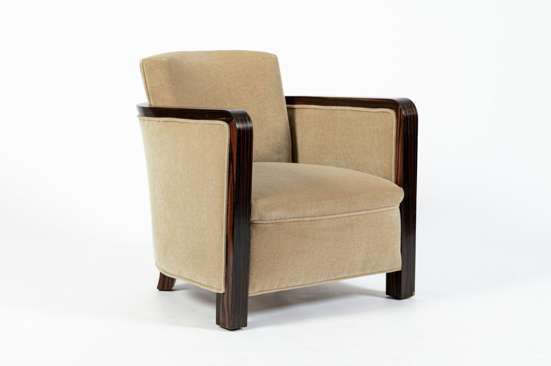 French Art Deco Mohair Lounge Chairs by Eric Bagge for Mercier Frères, Macassar Ebony, 1920s